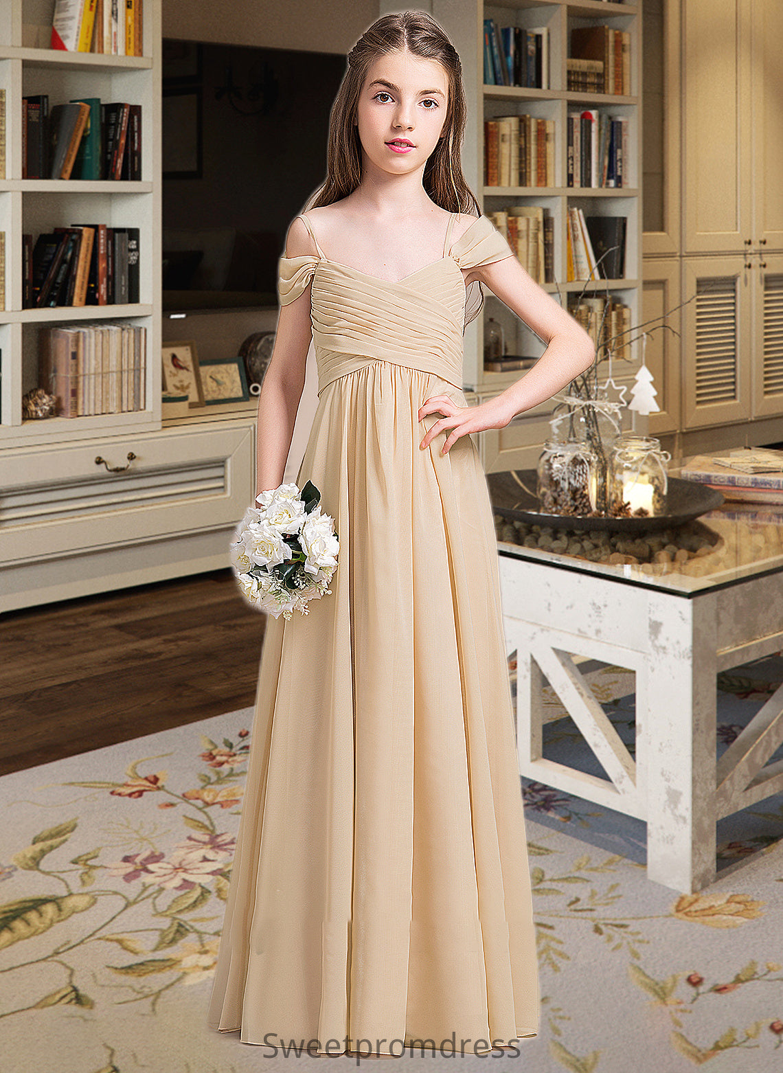 Selah A-Line Off-the-Shoulder Floor-Length Chiffon Junior Bridesmaid Dress With Ruffle DHP0013595