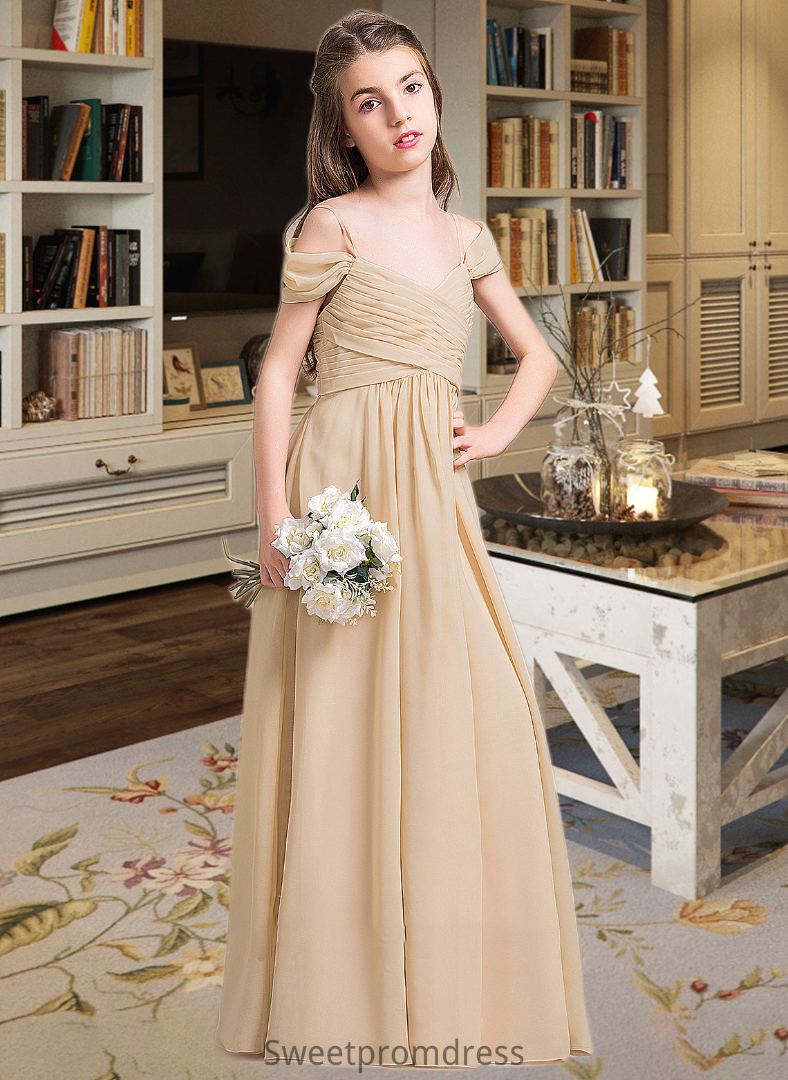 Selah A-Line Off-the-Shoulder Floor-Length Chiffon Junior Bridesmaid Dress With Ruffle DHP0013595