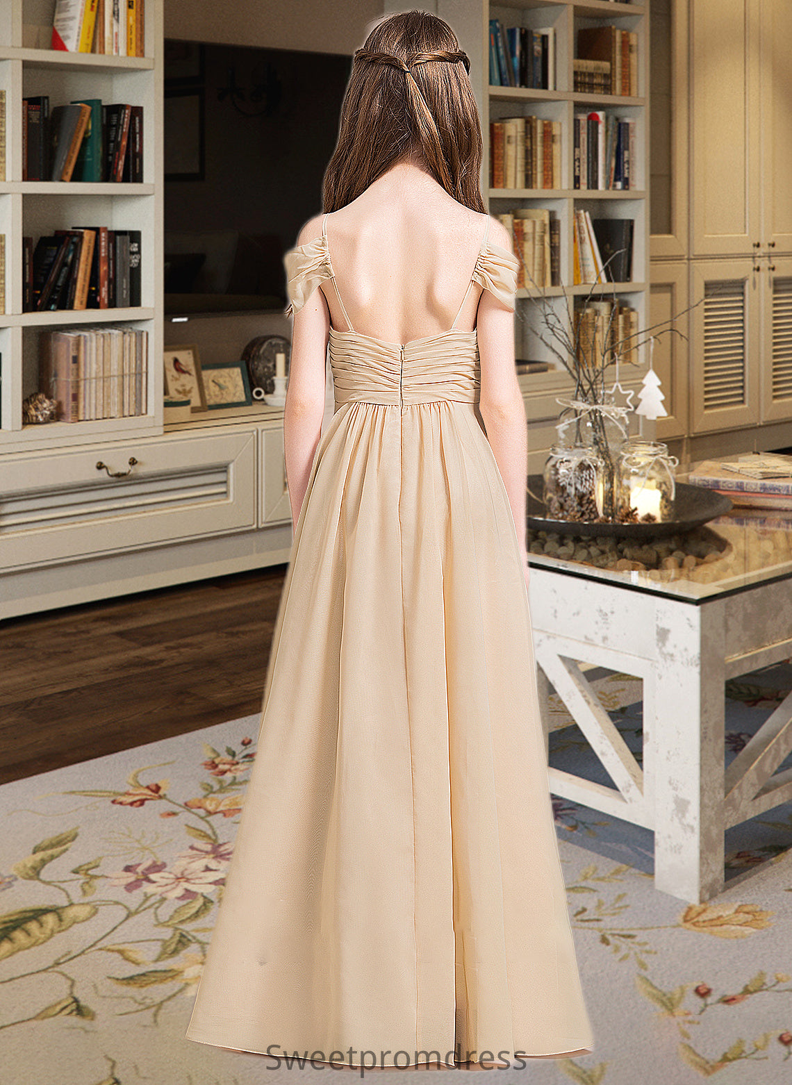 Selah A-Line Off-the-Shoulder Floor-Length Chiffon Junior Bridesmaid Dress With Ruffle DHP0013595