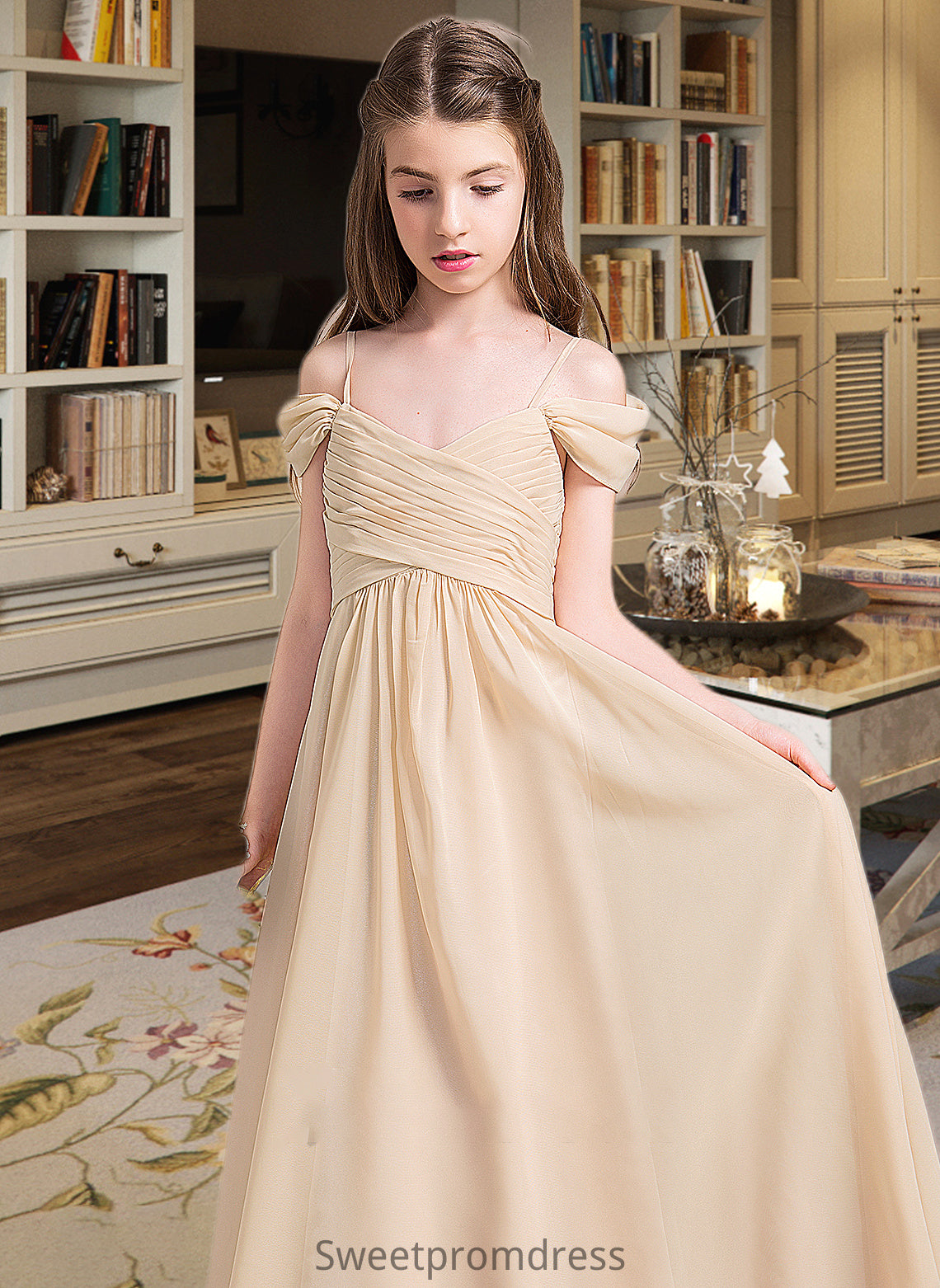 Selah A-Line Off-the-Shoulder Floor-Length Chiffon Junior Bridesmaid Dress With Ruffle DHP0013595