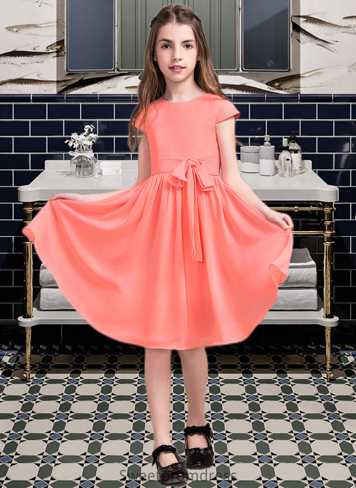 Karlee A-Line Scoop Neck Knee-Length Chiffon Junior Bridesmaid Dress With Bow(s) DHP0013596