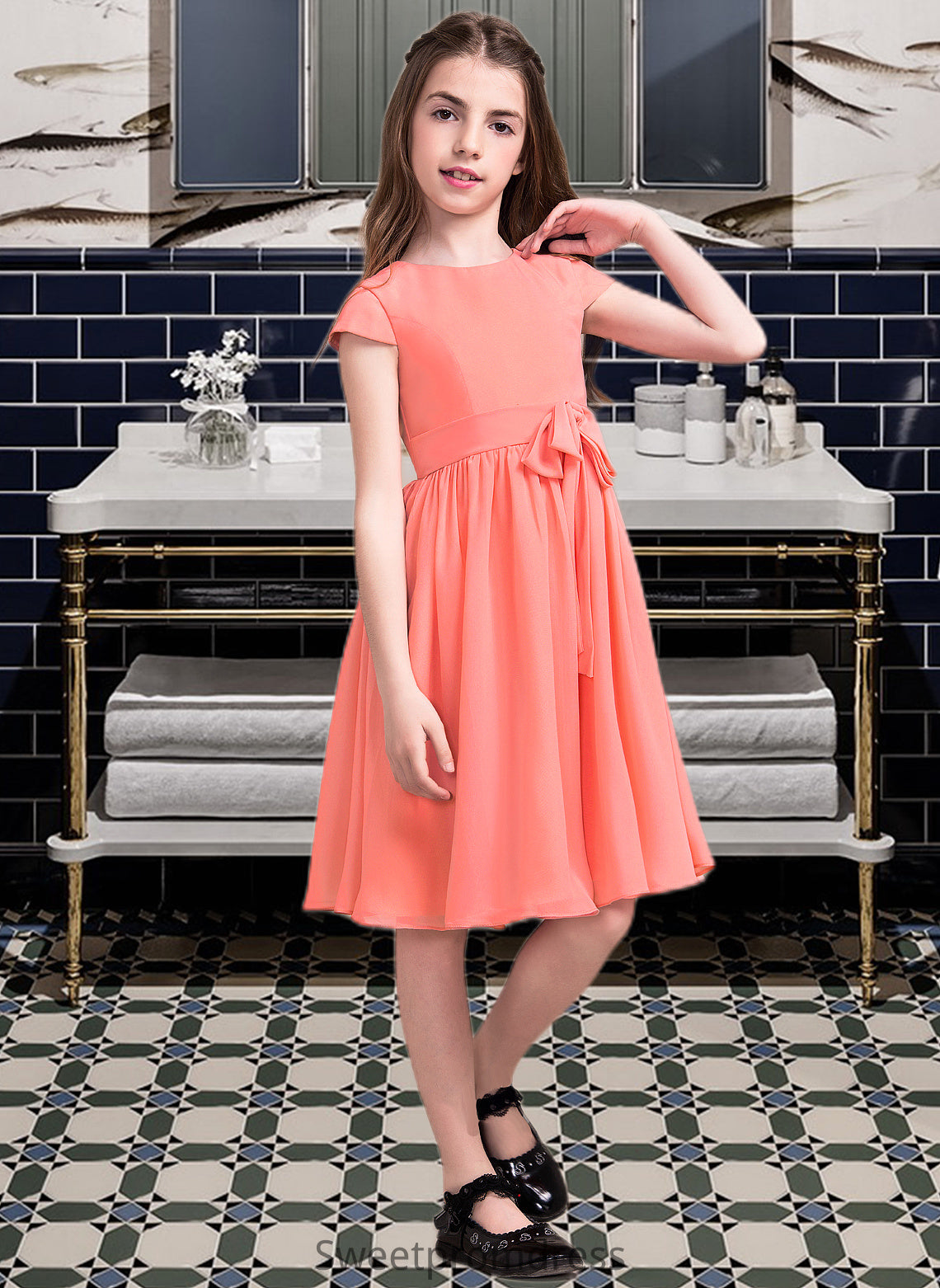 Karlee A-Line Scoop Neck Knee-Length Chiffon Junior Bridesmaid Dress With Bow(s) DHP0013596