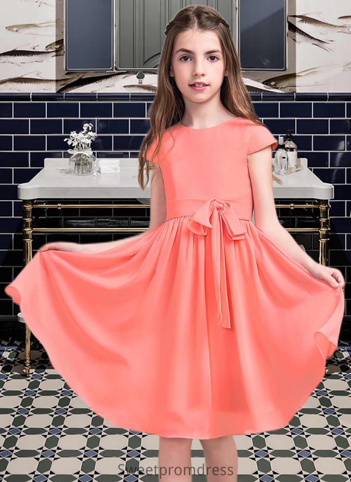 Karlee A-Line Scoop Neck Knee-Length Chiffon Junior Bridesmaid Dress With Bow(s) DHP0013596