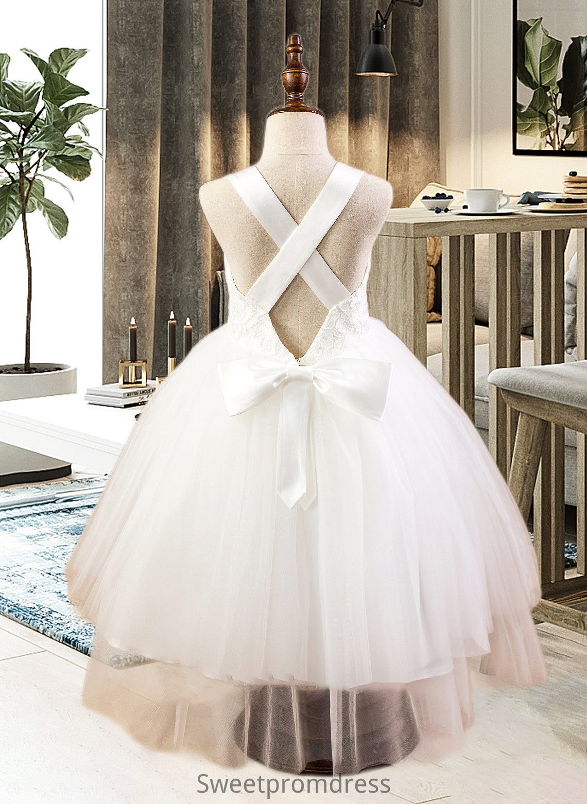 Maisie Ball-Gown/Princess Sweetheart Tea-Length Satin Tulle Lace Junior Bridesmaid Dress With Bow(s) DHP0013597