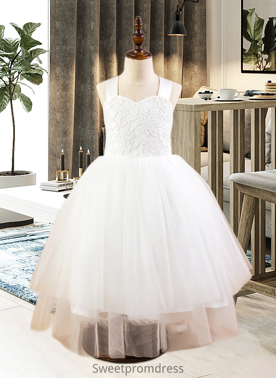 Maisie Ball-Gown/Princess Sweetheart Tea-Length Satin Tulle Lace Junior Bridesmaid Dress With Bow(s) DHP0013597