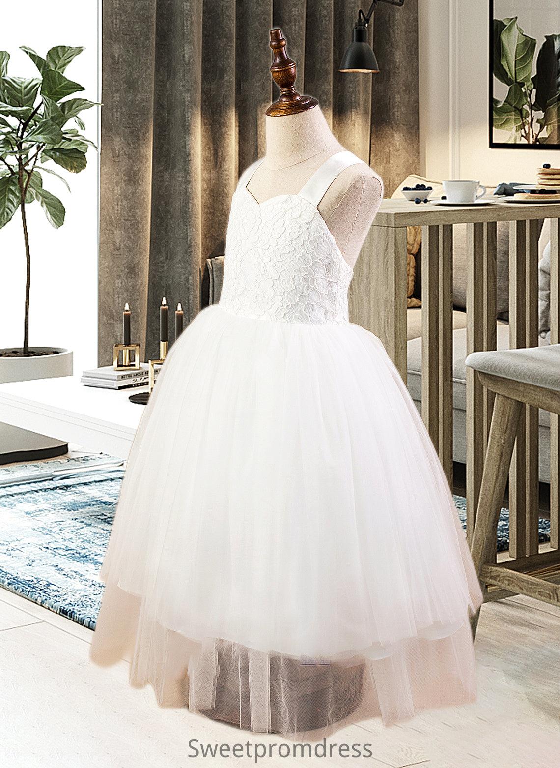 Maisie Ball-Gown/Princess Sweetheart Tea-Length Satin Tulle Lace Junior Bridesmaid Dress With Bow(s) DHP0013597