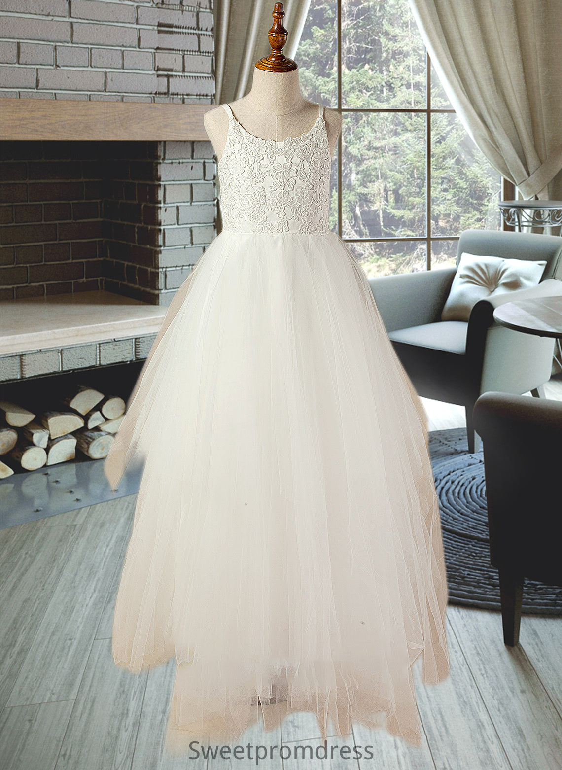 Theresa A-Line Scoop Neck Floor-Length Tulle Lace Junior Bridesmaid Dress With Lace DHP0013598