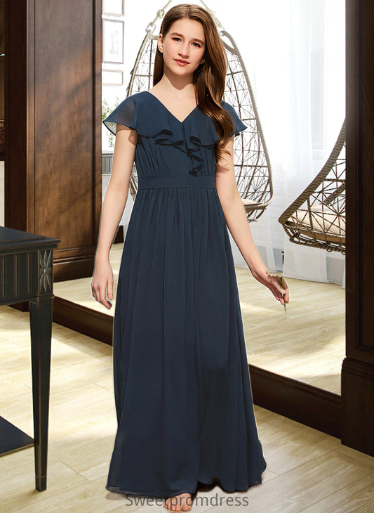 Jaliyah A-Line V-neck Floor-Length Chiffon Junior Bridesmaid Dress With Bow(s) Cascading Ruffles DHP0013599