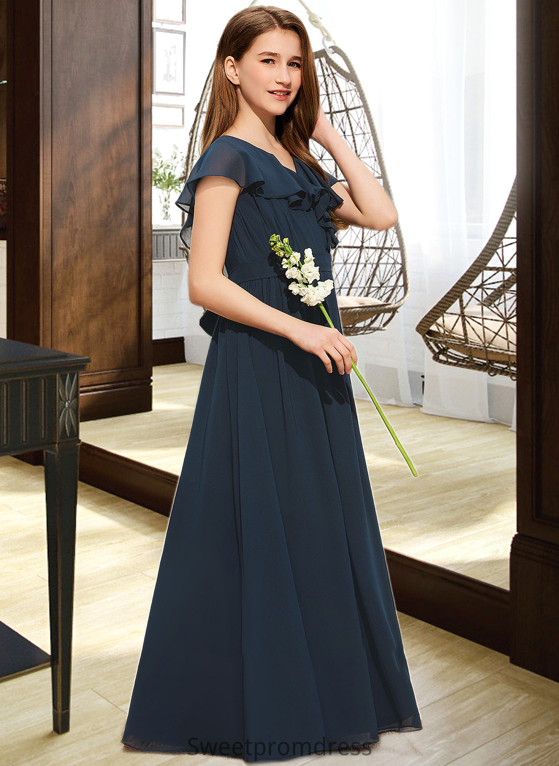 Jaliyah A-Line V-neck Floor-Length Chiffon Junior Bridesmaid Dress With Bow(s) Cascading Ruffles DHP0013599