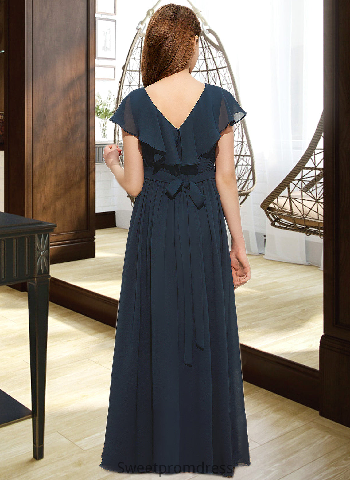 Jaliyah A-Line V-neck Floor-Length Chiffon Junior Bridesmaid Dress With Bow(s) Cascading Ruffles DHP0013599