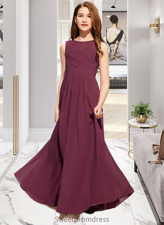 Zaria A-Line Scoop Neck Floor-Length Chiffon Lace Junior Bridesmaid Dress With Ruffle Bow(s) DHP0013600