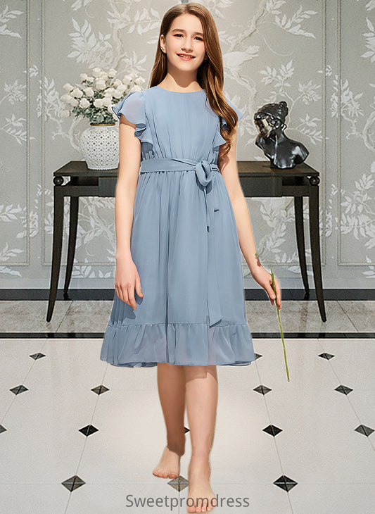 Gabriella A-Line Scoop Neck Knee-Length Chiffon Junior Bridesmaid Dress With Bow(s) Cascading Ruffles DHP0013601