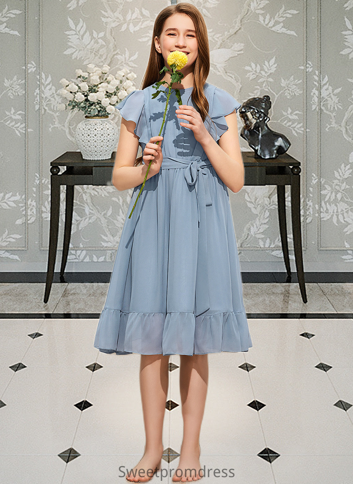 Gabriella A-Line Scoop Neck Knee-Length Chiffon Junior Bridesmaid Dress With Bow(s) Cascading Ruffles DHP0013601