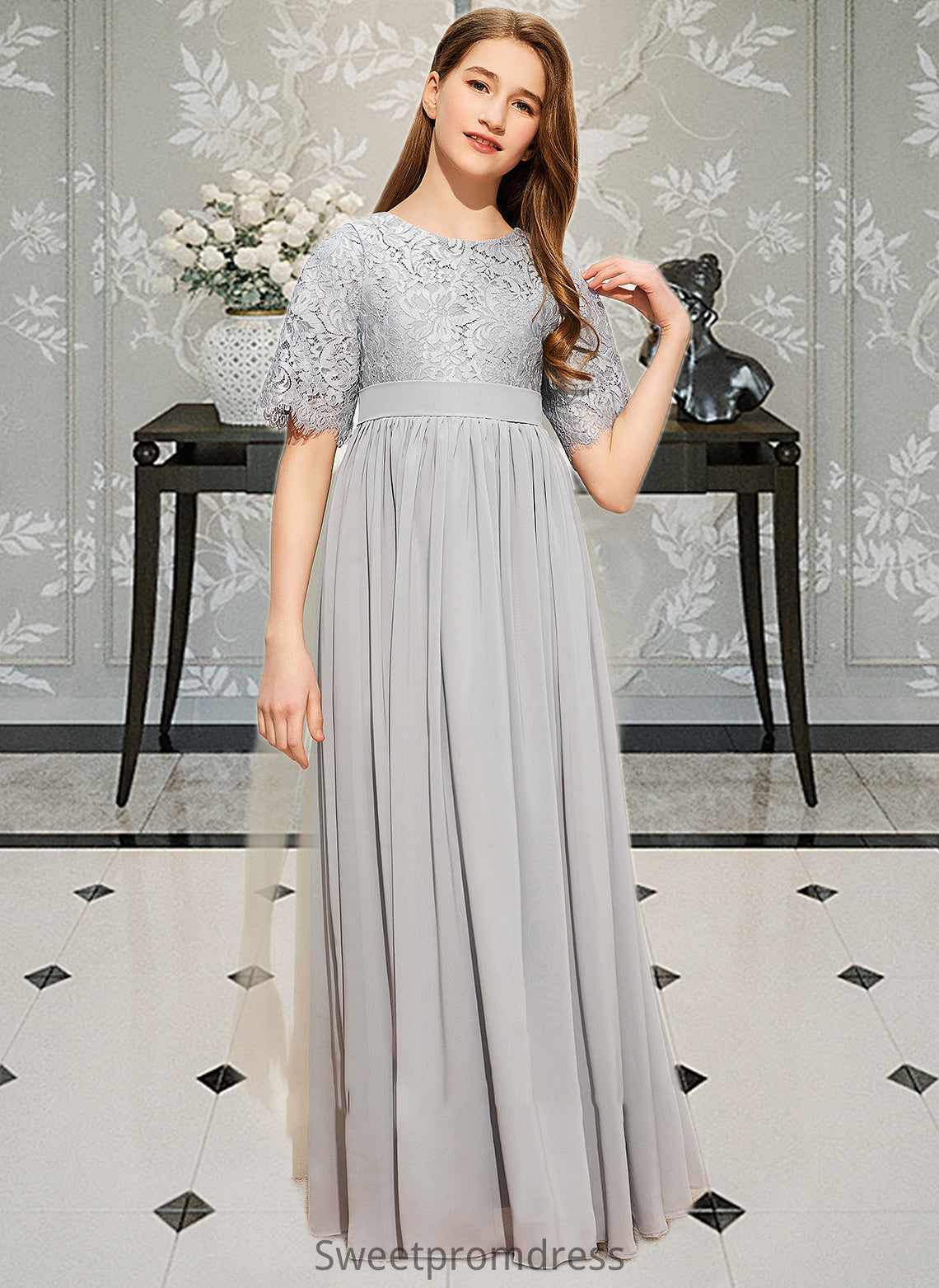 Jocelyn A-LineScoopNeckFloor-LengthChiffonLaceJuniorBridesmaidDress#253700 DHP0013602