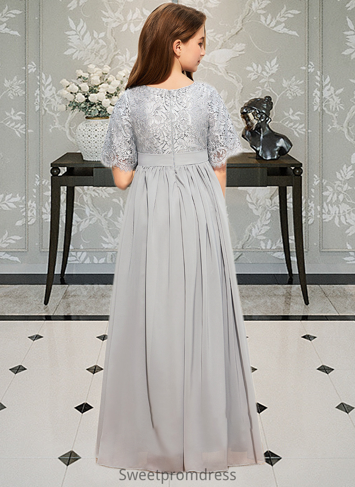 Jocelyn A-LineScoopNeckFloor-LengthChiffonLaceJuniorBridesmaidDress#253700 DHP0013602