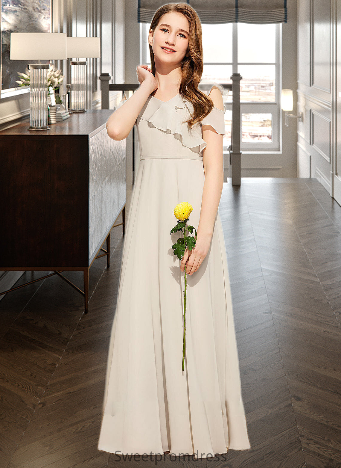 Patricia A-Line V-neck Floor-Length Chiffon Junior Bridesmaid Dress With Cascading Ruffles DHP0013603