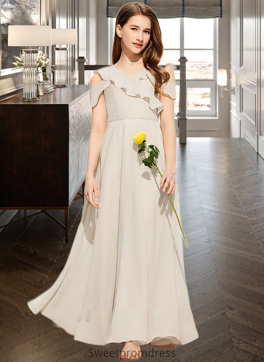 Patricia A-Line V-neck Floor-Length Chiffon Junior Bridesmaid Dress With Cascading Ruffles DHP0013603