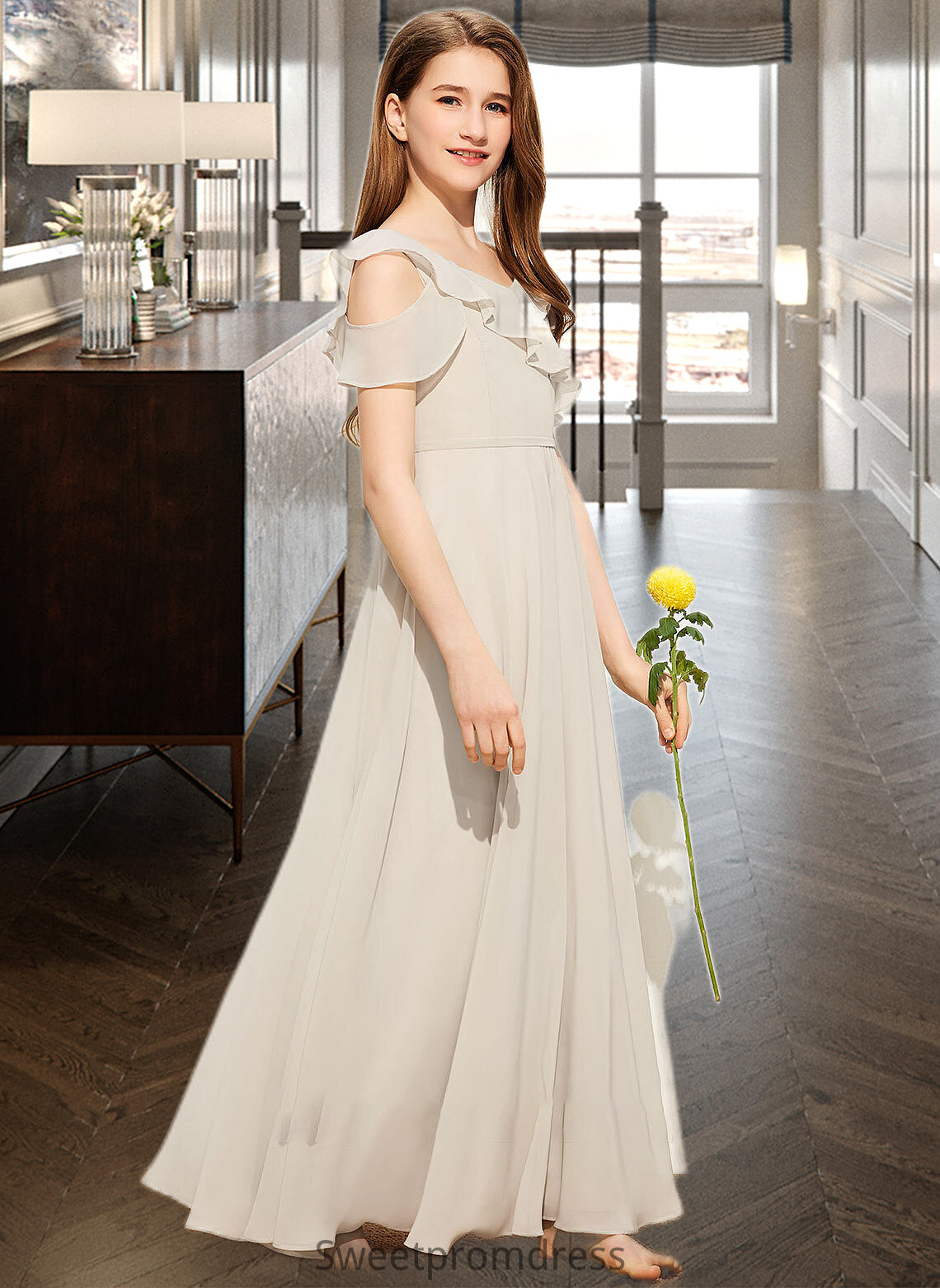 Patricia A-Line V-neck Floor-Length Chiffon Junior Bridesmaid Dress With Cascading Ruffles DHP0013603