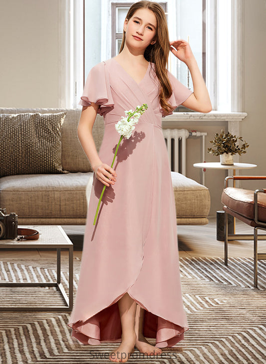 Emelia A-Line V-neck Asymmetrical Chiffon Junior Bridesmaid Dress With Ruffle DHP0013604