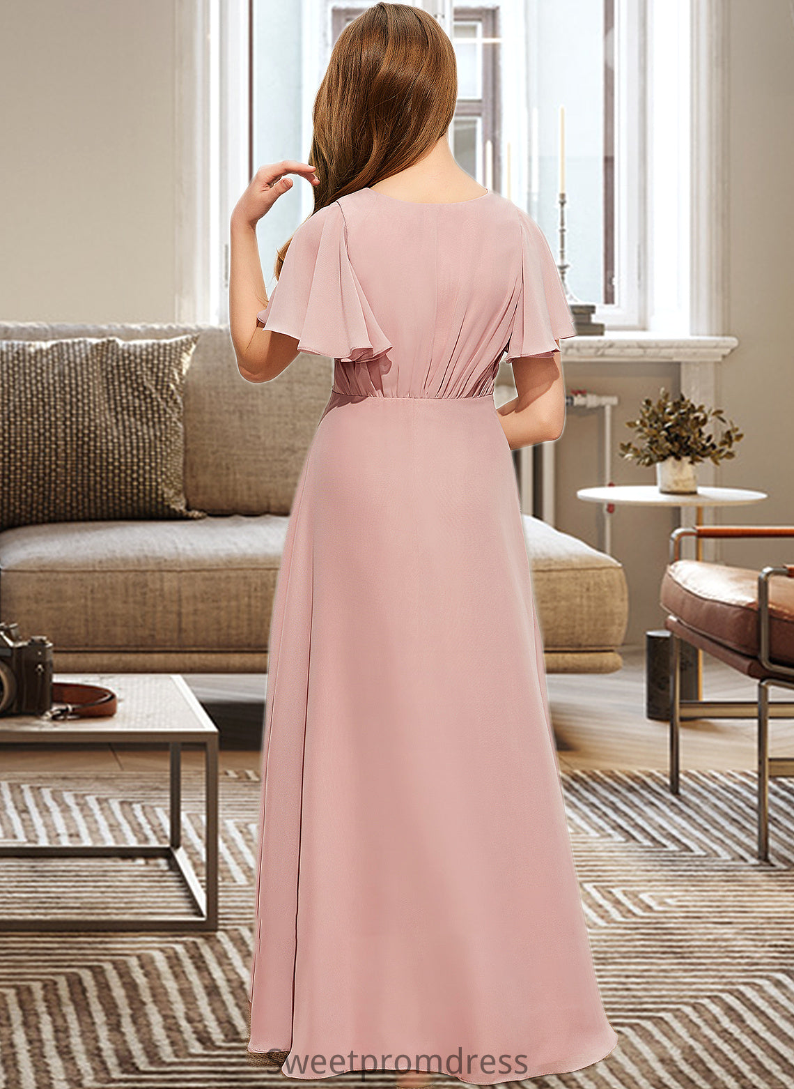 Emelia A-Line V-neck Asymmetrical Chiffon Junior Bridesmaid Dress With Ruffle DHP0013604