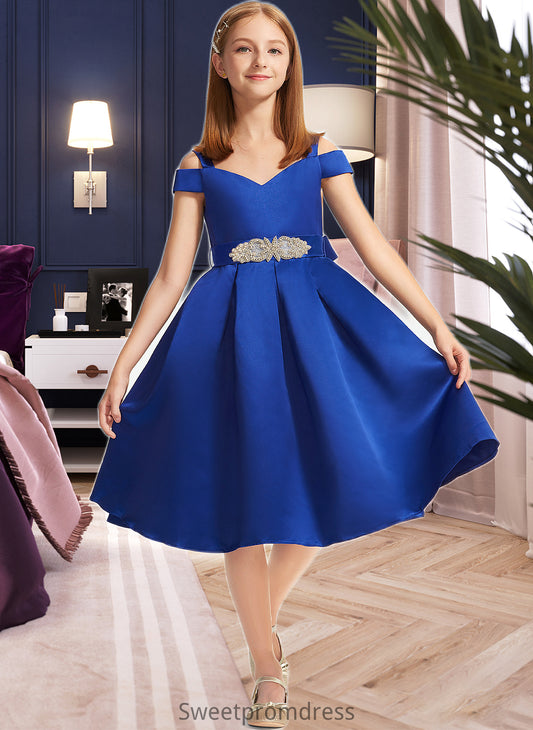 Laura A-Line Off-the-Shoulder Knee-Length Satin Junior Bridesmaid Dress With Beading Bow(s) DHP0013605