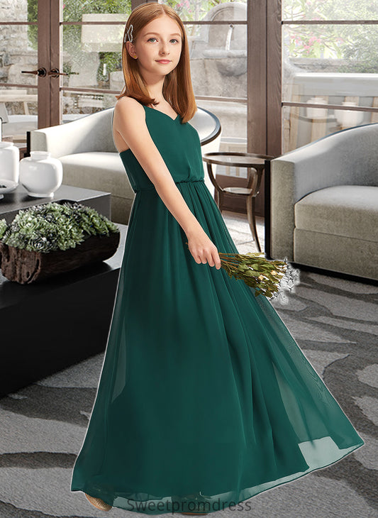 Mary A-Line V-neck Floor-Length Chiffon Junior Bridesmaid Dress With Ruffle DHP0013606