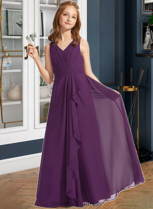 Dahlia A-Line V-neck Floor-Length Chiffon Junior Bridesmaid Dress With Ruffles DHP0013607