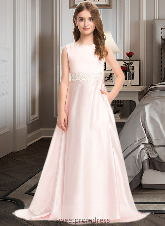 Kendra A-Line Scoop Neck Sweep Train Satin Lace Junior Bridesmaid Dress With Bow(s) Pockets DHP0013609