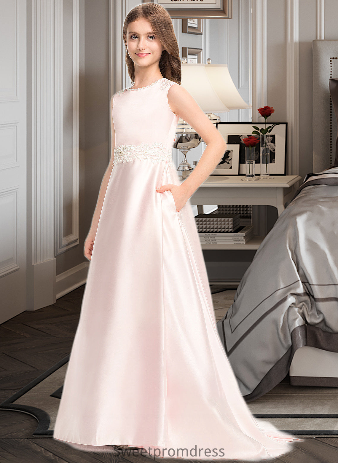 Kendra A-Line Scoop Neck Sweep Train Satin Lace Junior Bridesmaid Dress With Bow(s) Pockets DHP0013609