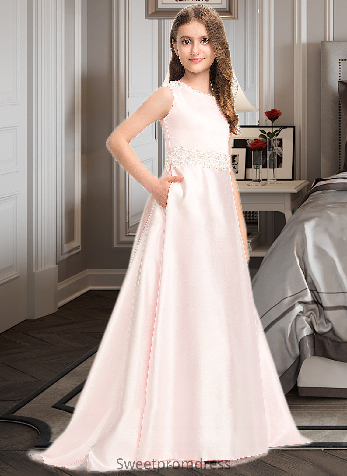 Kendra A-Line Scoop Neck Sweep Train Satin Lace Junior Bridesmaid Dress With Bow(s) Pockets DHP0013609