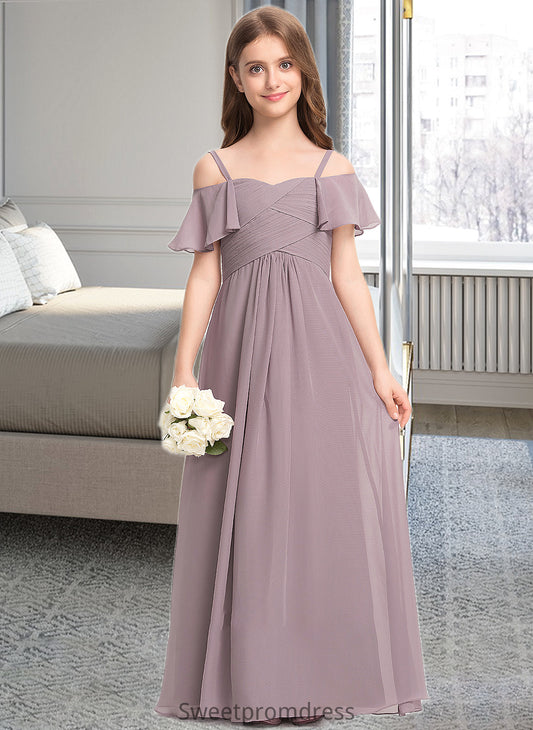 Mabel A-Line Off-the-Shoulder Floor-Length Chiffon Junior Bridesmaid Dress With Ruffle DHP0013610