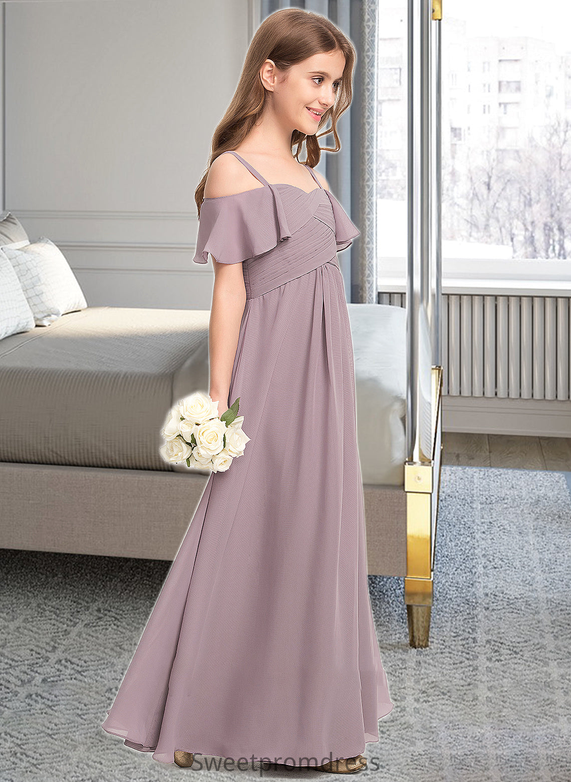 Mabel A-Line Off-the-Shoulder Floor-Length Chiffon Junior Bridesmaid Dress With Ruffle DHP0013610