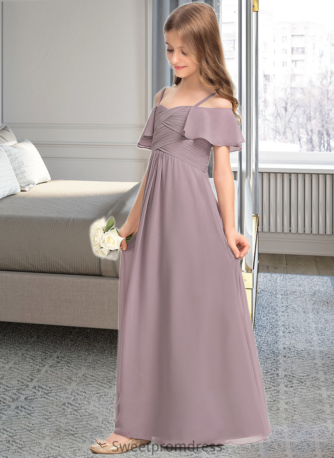 Mabel A-Line Off-the-Shoulder Floor-Length Chiffon Junior Bridesmaid Dress With Ruffle DHP0013610