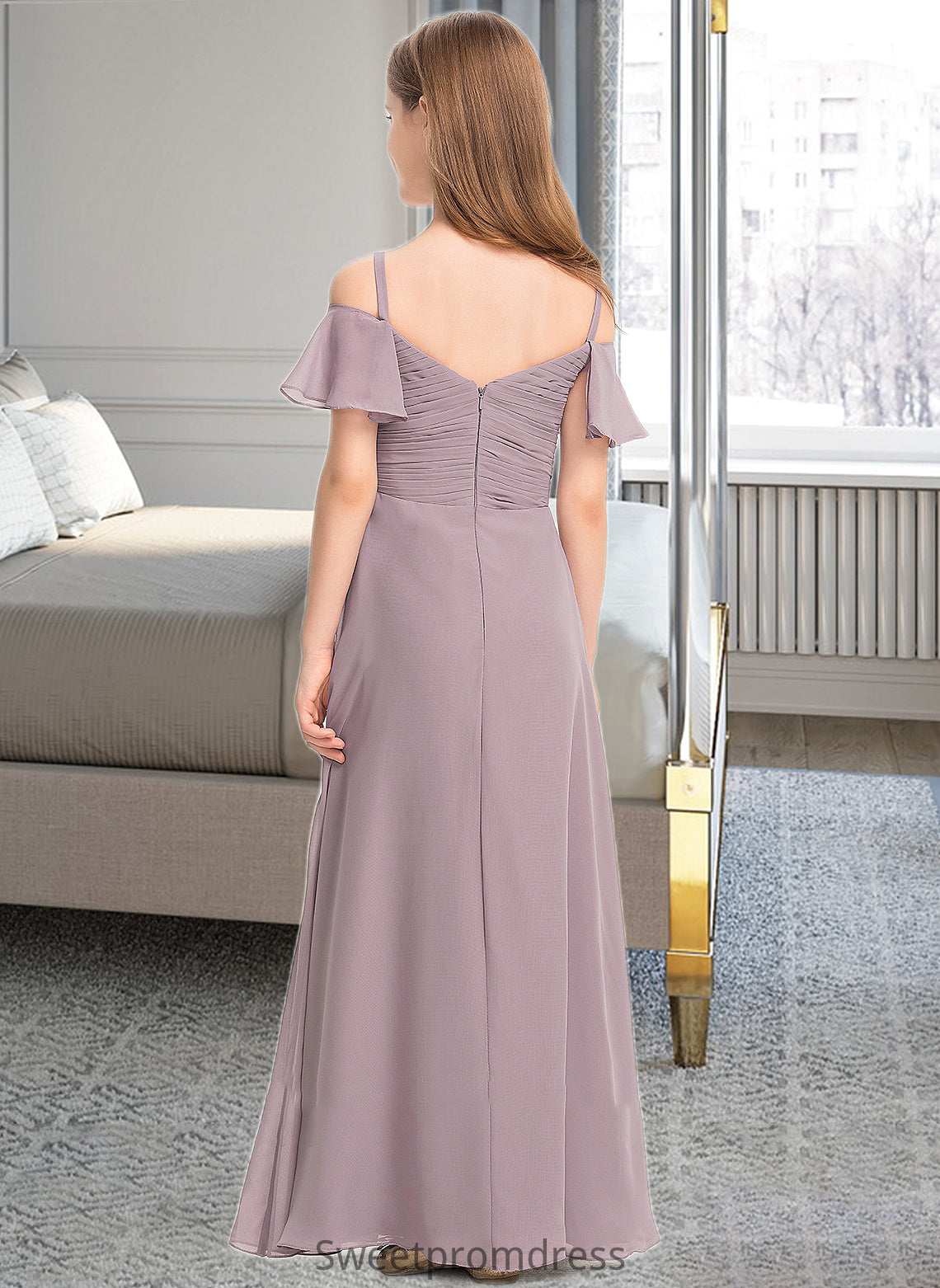 Mabel A-Line Off-the-Shoulder Floor-Length Chiffon Junior Bridesmaid Dress With Ruffle DHP0013610