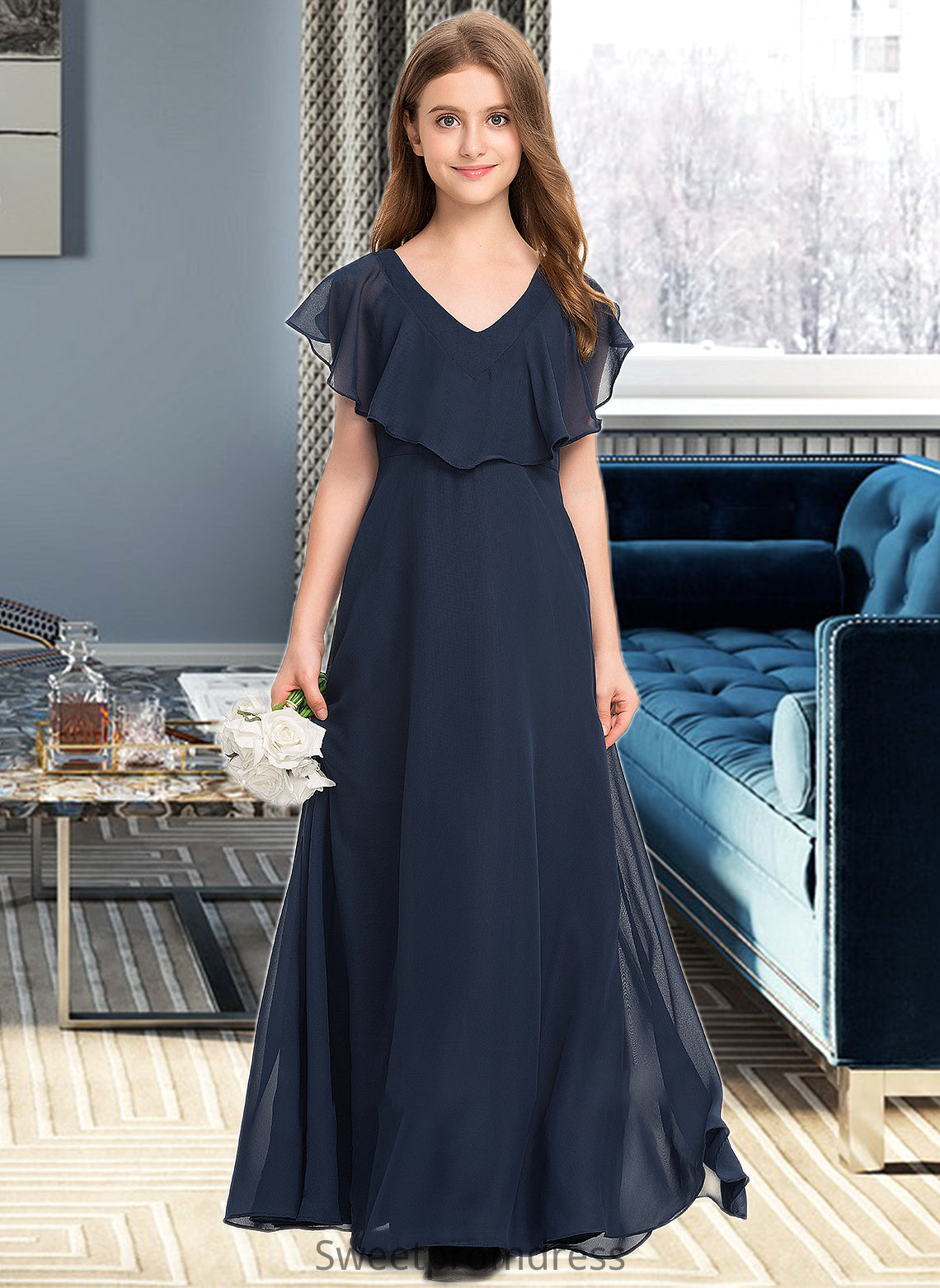 Jaylyn A-Line V-neck Floor-Length Chiffon Junior Bridesmaid Dress DHP0013611