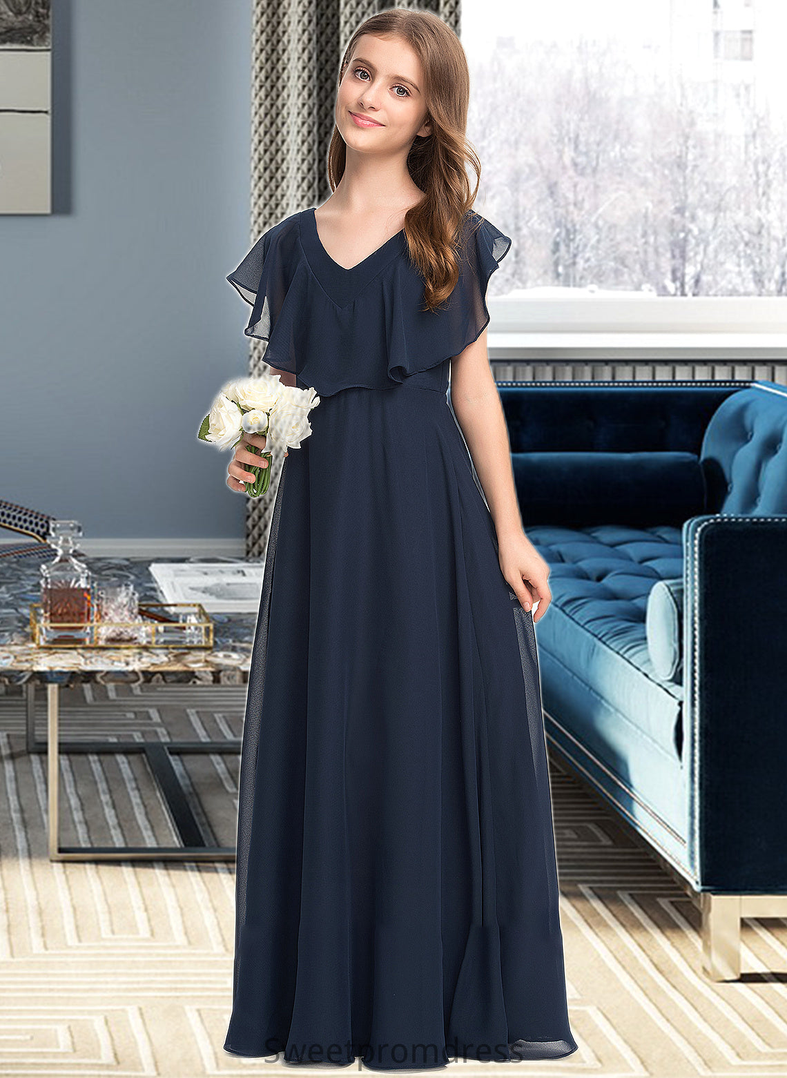 Jaylyn A-Line V-neck Floor-Length Chiffon Junior Bridesmaid Dress DHP0013611