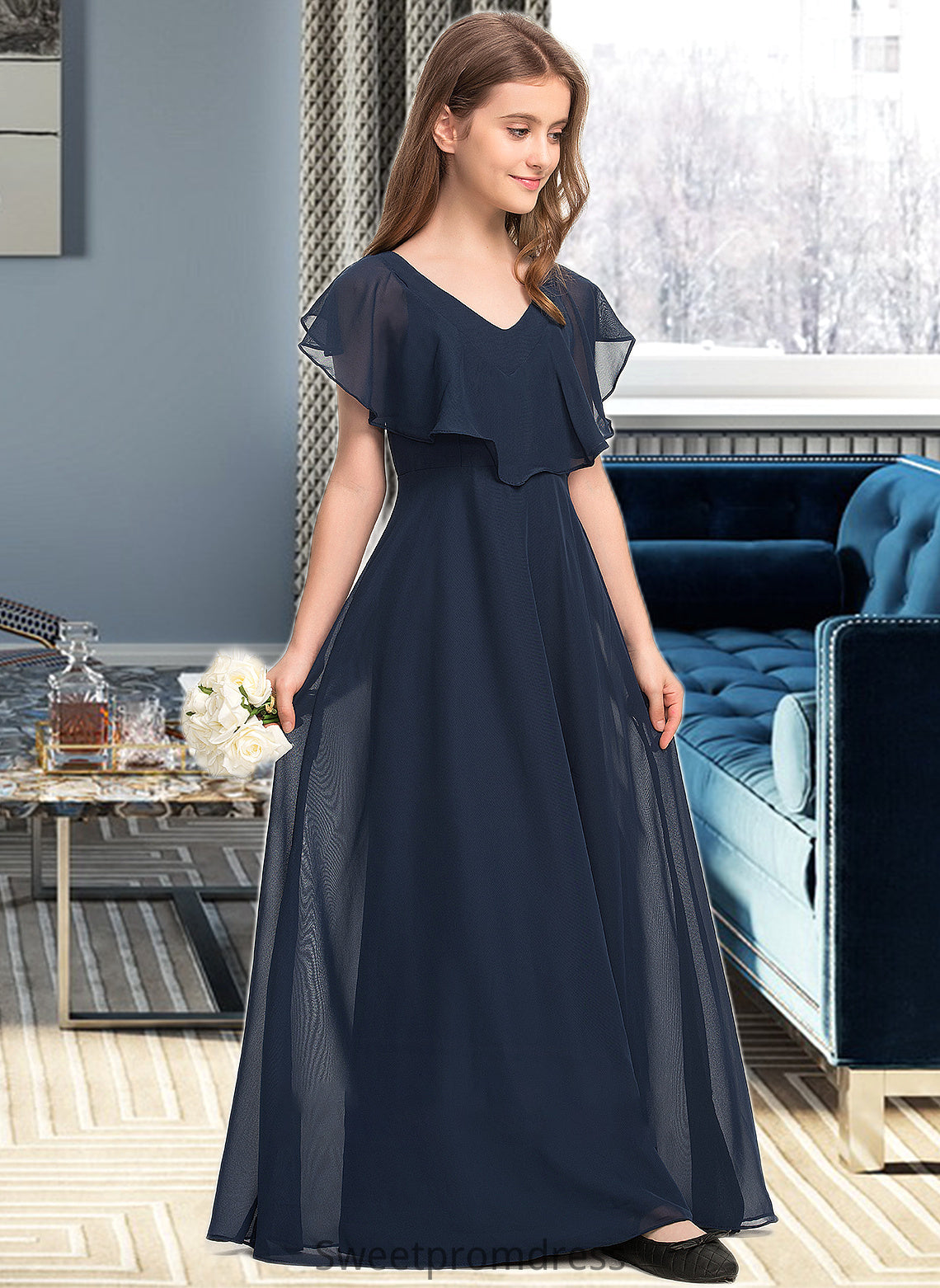 Jaylyn A-Line V-neck Floor-Length Chiffon Junior Bridesmaid Dress DHP0013611