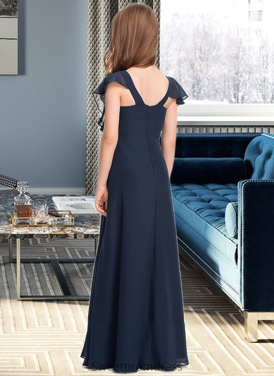 Jaylyn A-Line V-neck Floor-Length Chiffon Junior Bridesmaid Dress DHP0013611