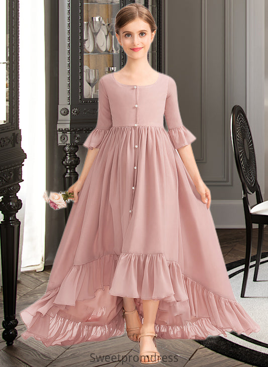 Harmony A-Line Scoop Neck Asymmetrical Chiffon Junior Bridesmaid Dress With Bow(s) Cascading Ruffles DHP0013612