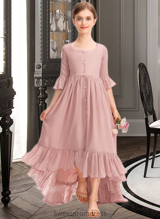 Harmony A-Line Scoop Neck Asymmetrical Chiffon Junior Bridesmaid Dress With Bow(s) Cascading Ruffles DHP0013612