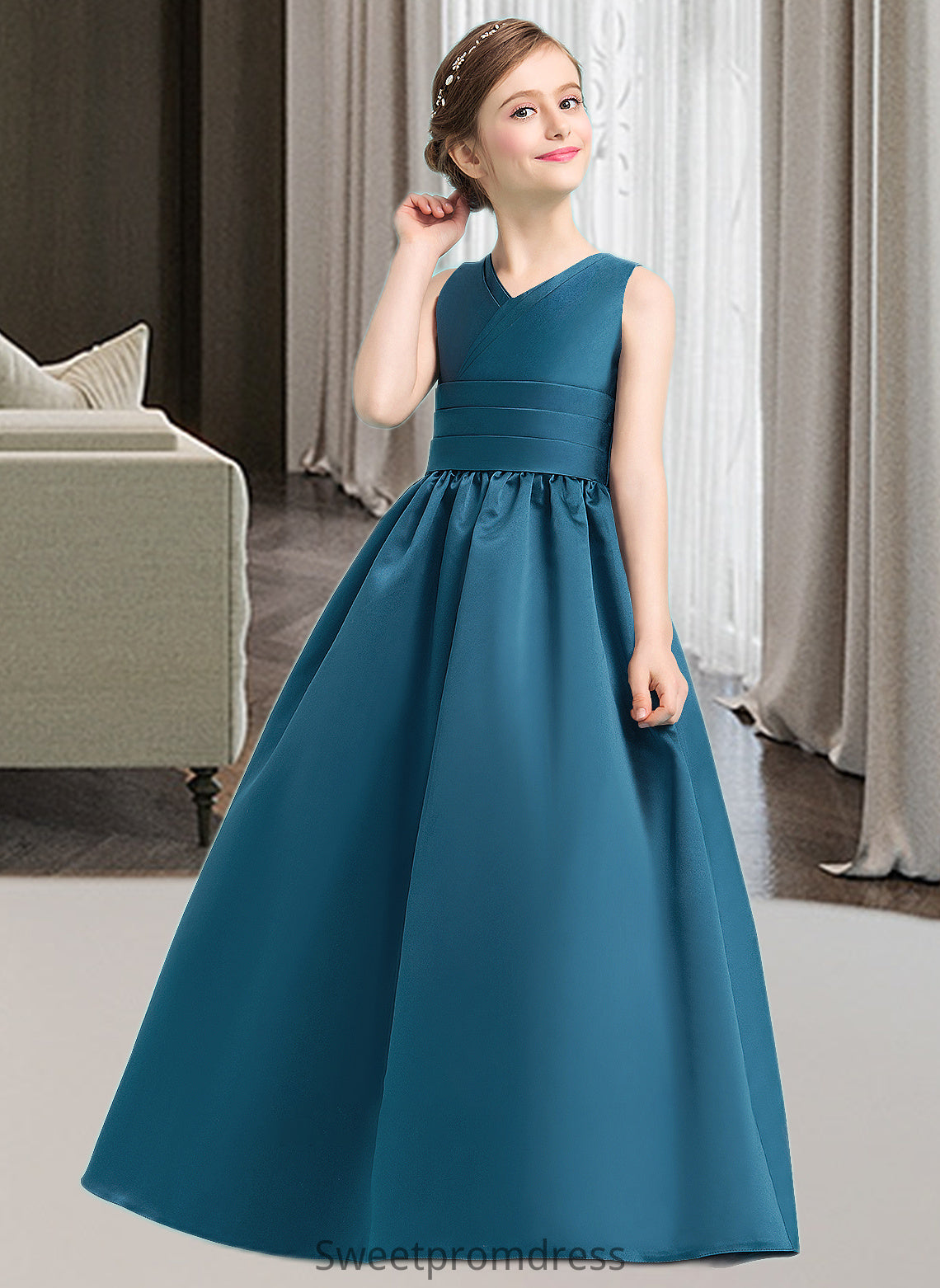 Susan Ball-Gown/Princess V-neck Floor-Length Satin Junior Bridesmaid Dress With Ruffle DHP0013613