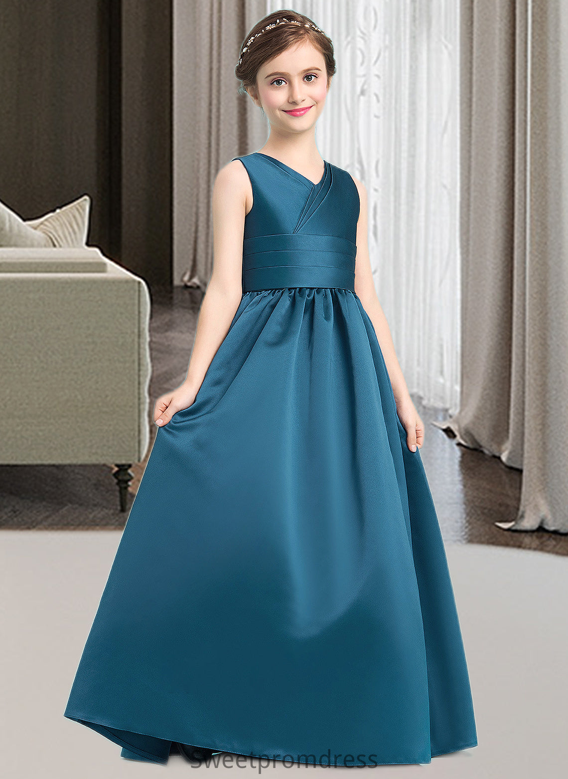 Susan Ball-Gown/Princess V-neck Floor-Length Satin Junior Bridesmaid Dress With Ruffle DHP0013613