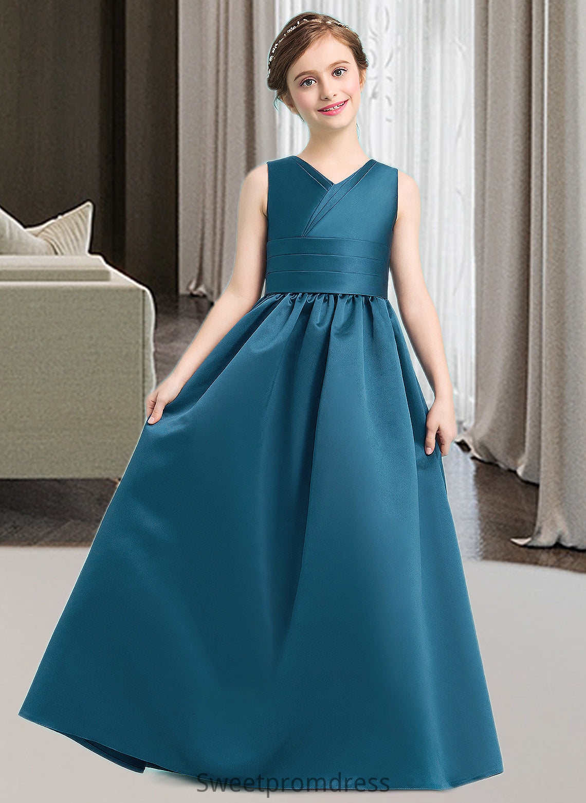 Susan Ball-Gown/Princess V-neck Floor-Length Satin Junior Bridesmaid Dress With Ruffle DHP0013613