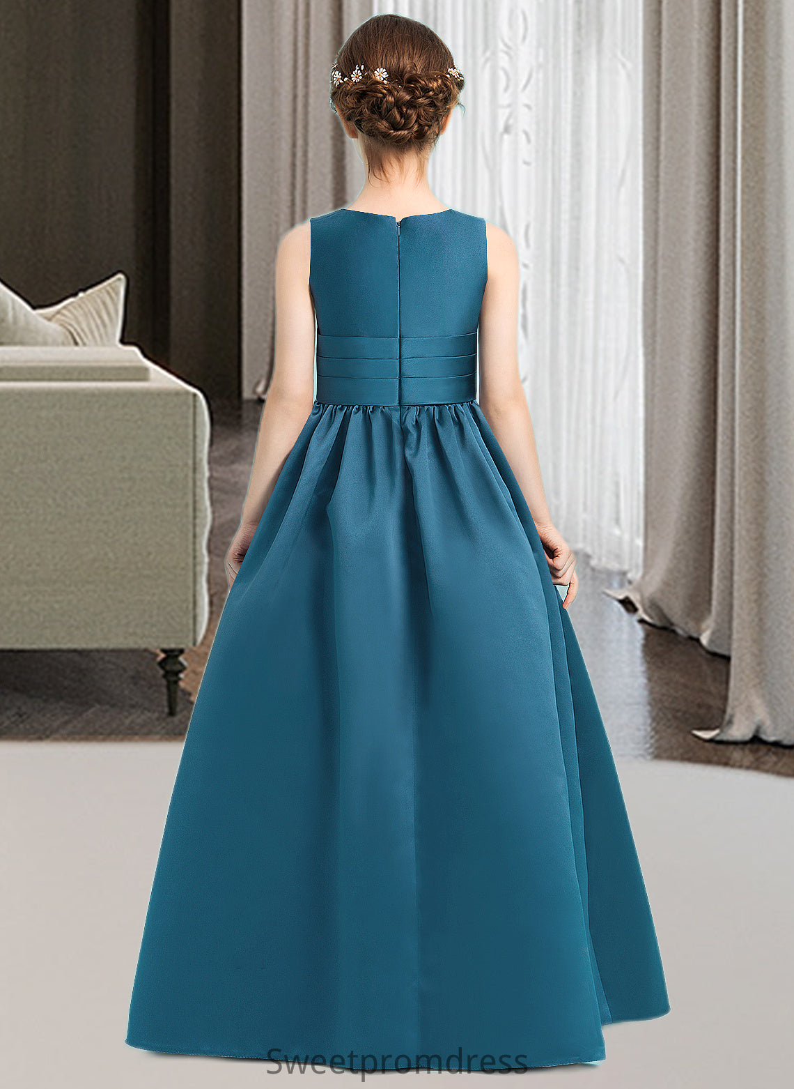 Susan Ball-Gown/Princess V-neck Floor-Length Satin Junior Bridesmaid Dress With Ruffle DHP0013613