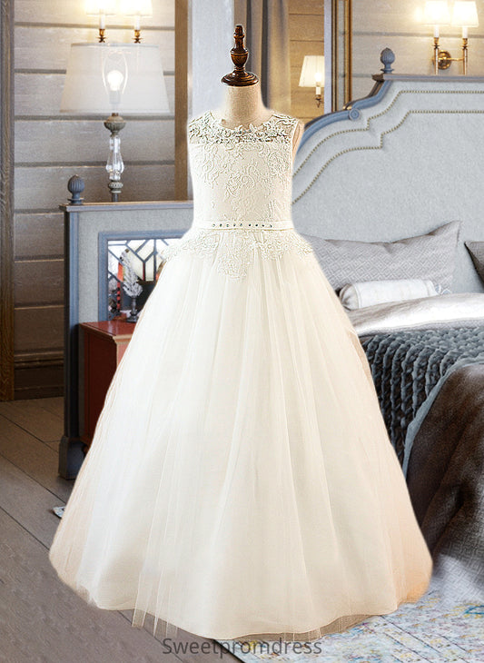 Gianna Ball-Gown/PrincessScoopNeckFloor-LengthTulleJuniorBridesmaidDressWithSashBeading#136423 DHP0013615