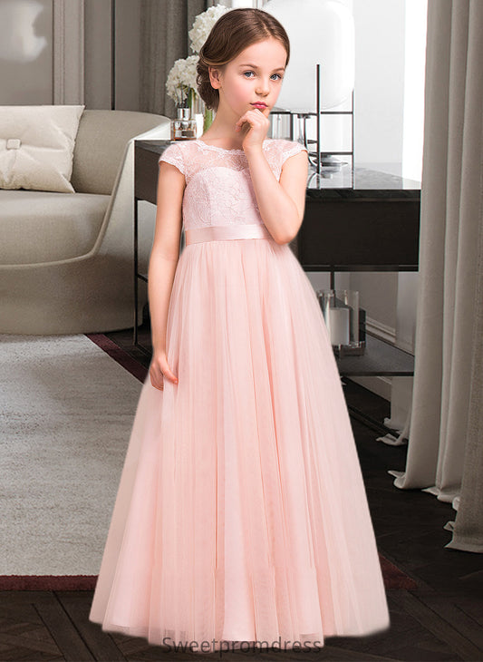 Mandy A-Line Scoop Neck Floor-Length Tulle Lace Junior Bridesmaid Dress With Bow(s) DHP0013619