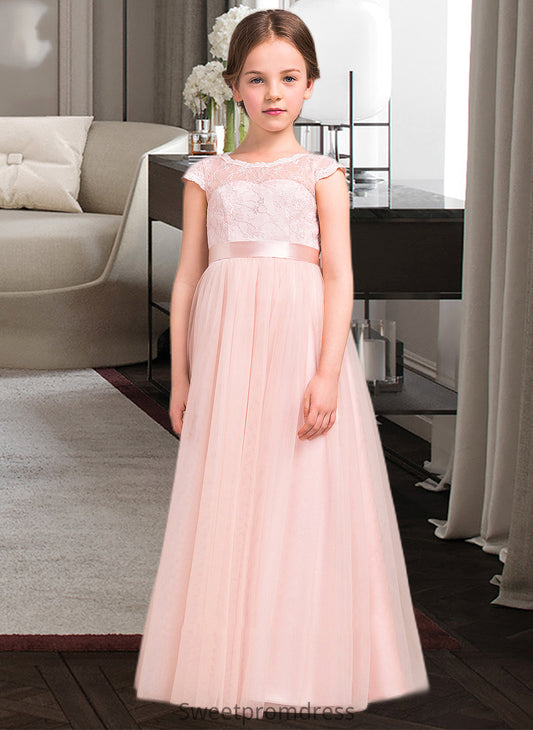 Mandy A-Line Scoop Neck Floor-Length Tulle Lace Junior Bridesmaid Dress With Bow(s) DHP0013619