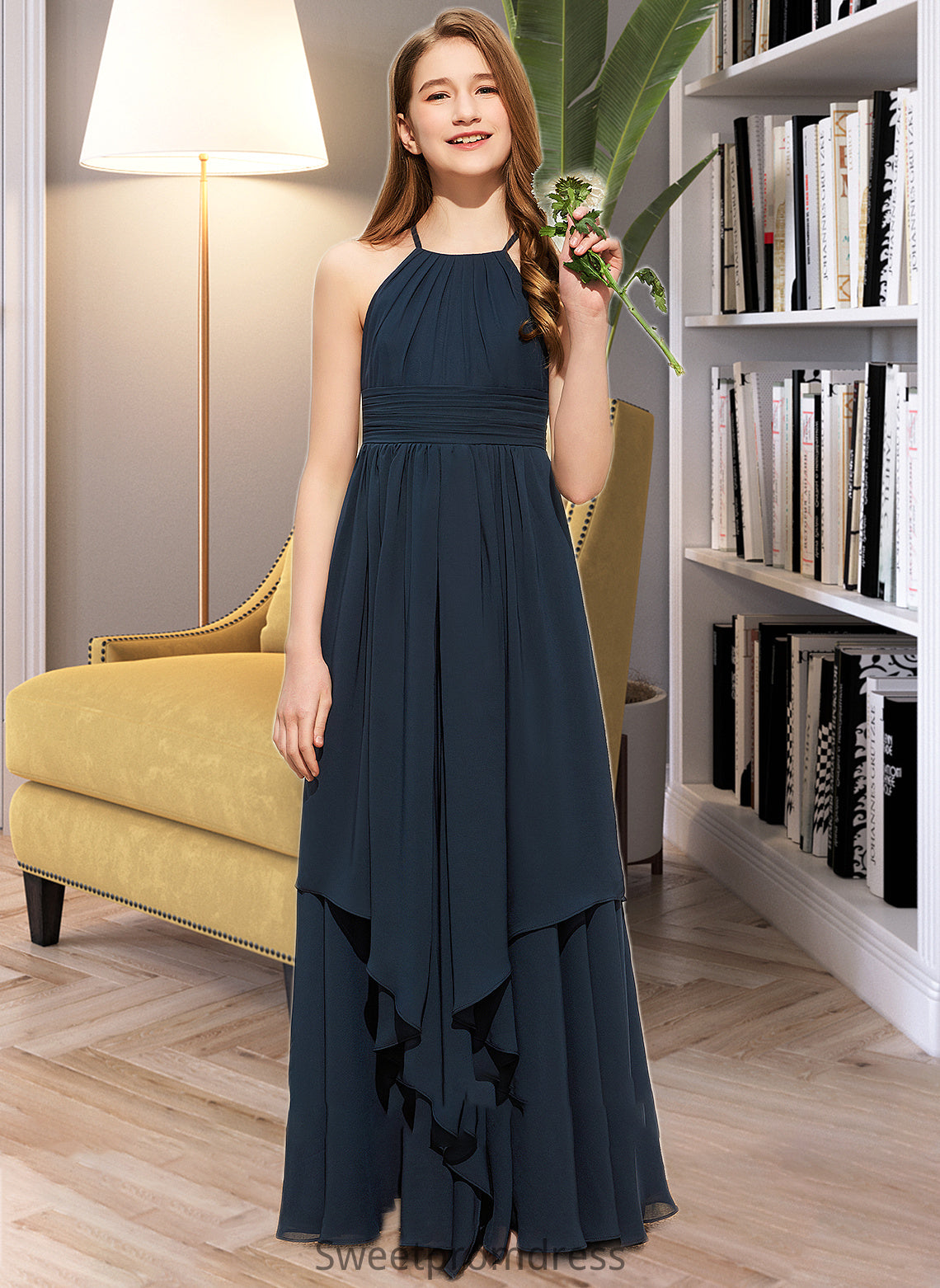 Shiloh A-Line Scoop Neck Floor-Length Chiffon Junior Bridesmaid Dress With Cascading Ruffles DHP0013622