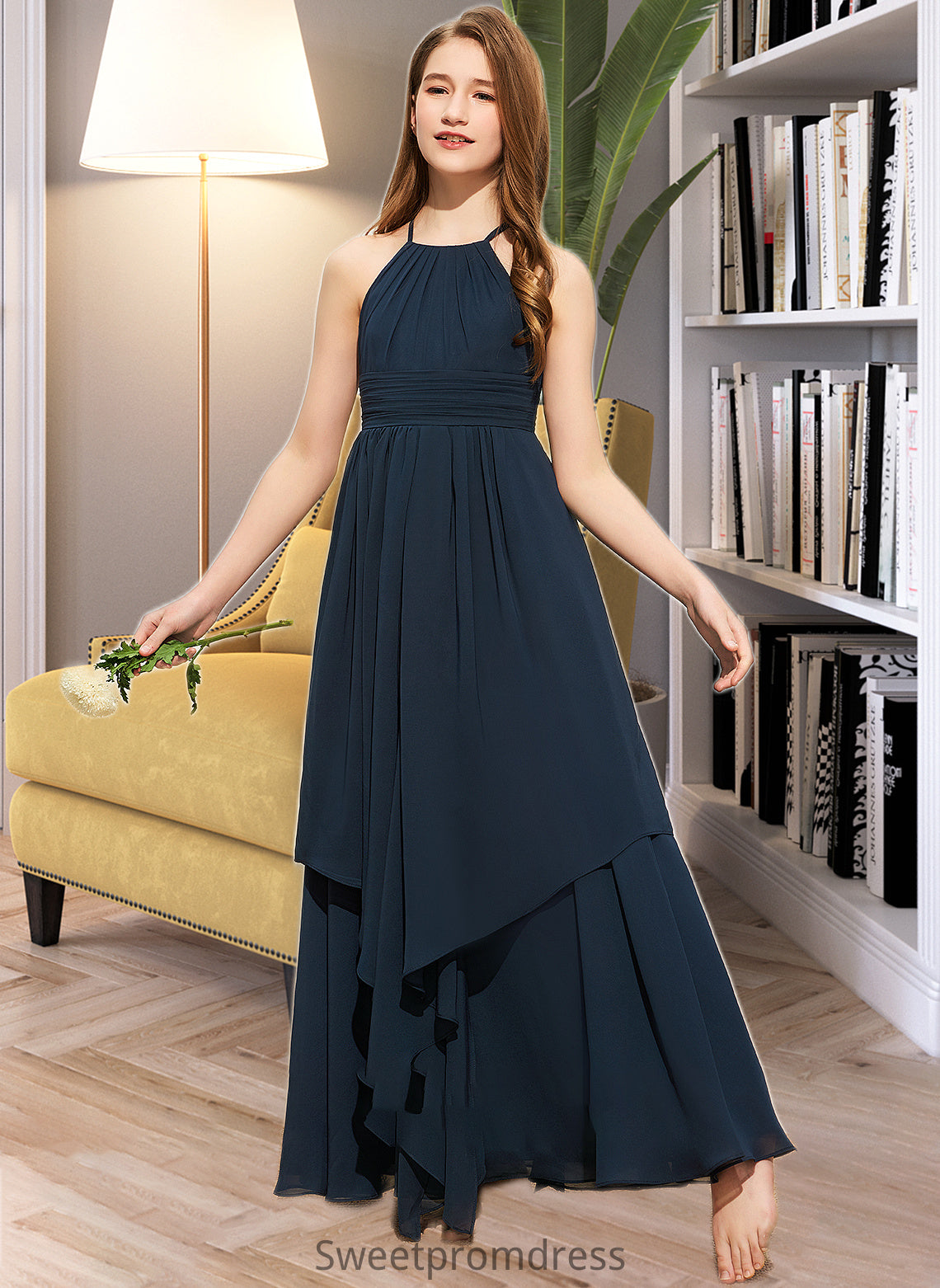 Shiloh A-Line Scoop Neck Floor-Length Chiffon Junior Bridesmaid Dress With Cascading Ruffles DHP0013622