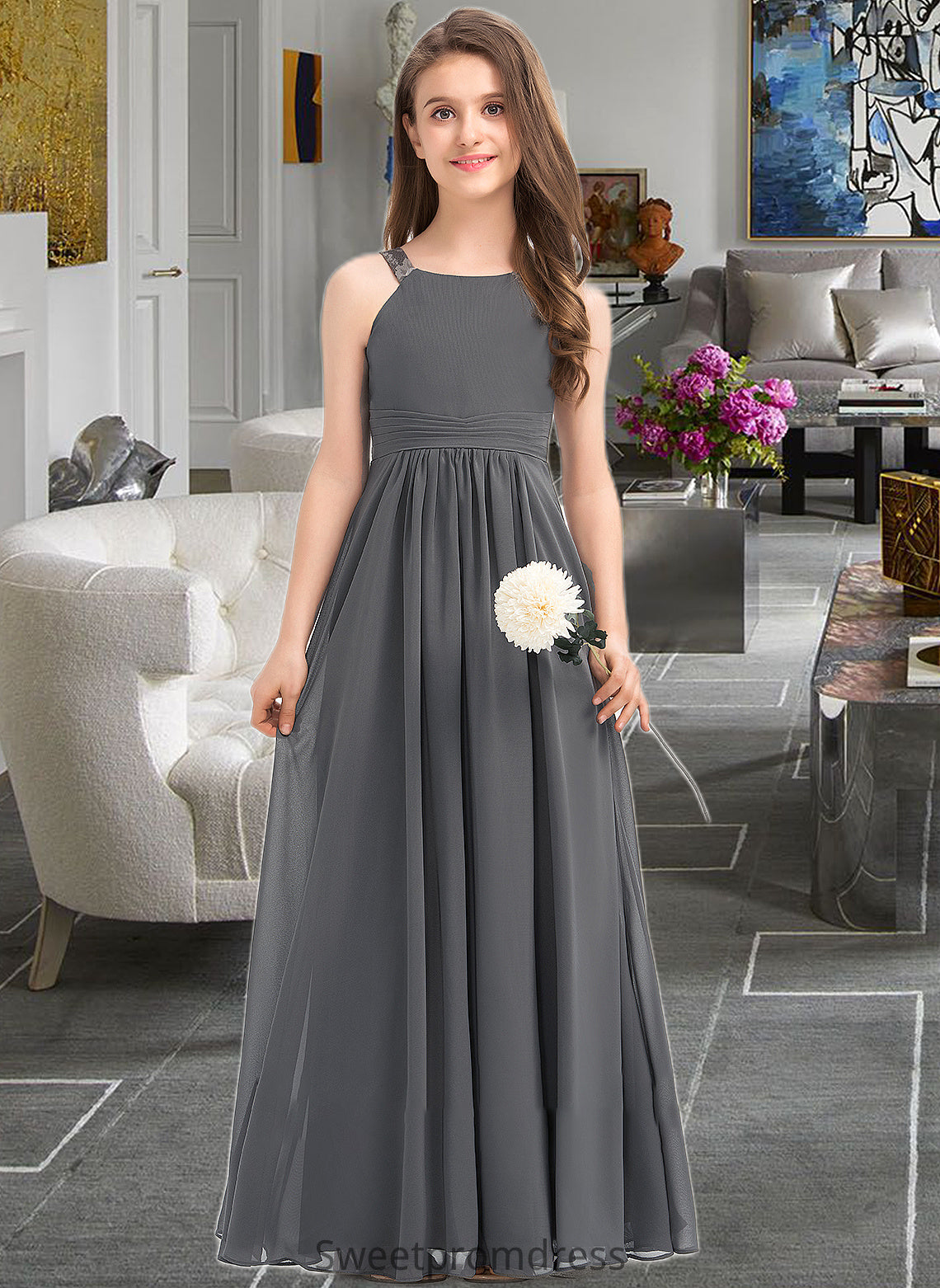 Kianna A-Line Scoop Neck Floor-Length Chiffon Junior Bridesmaid Dress With Ruffle Lace DHP0013625